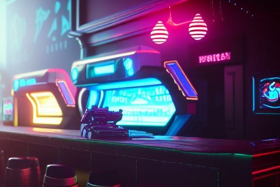 Cyberpunk Gamer Bar with Neon Lights and Retro Arcade