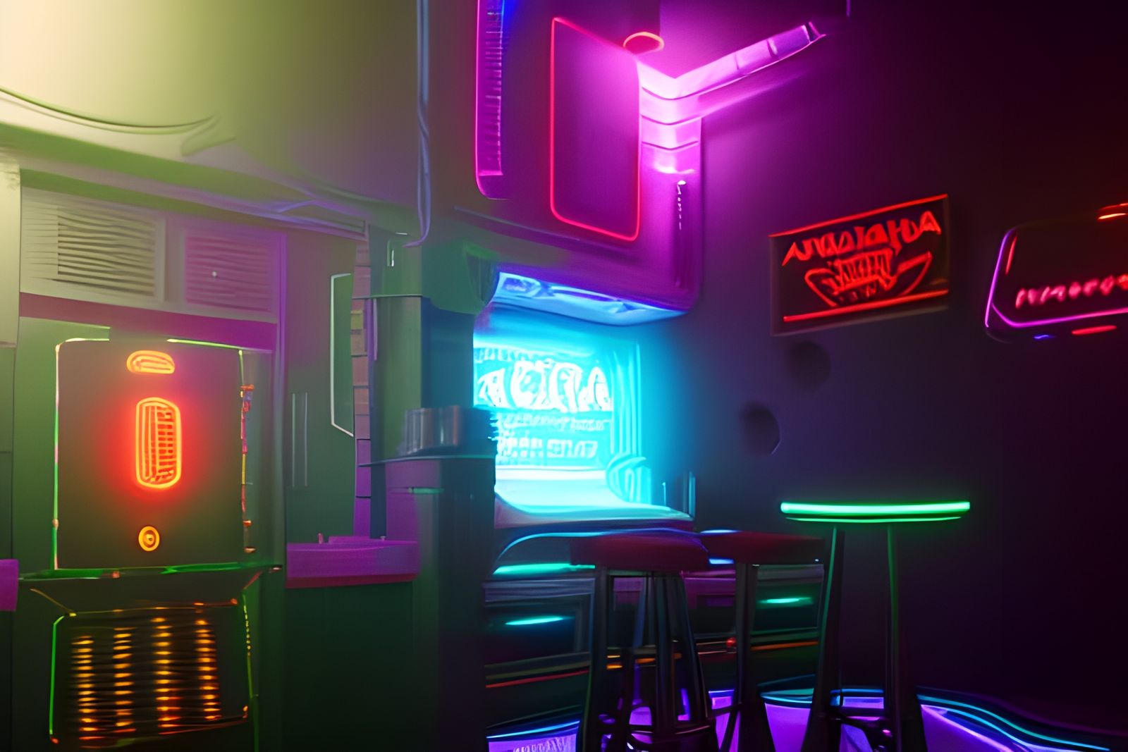 Cyberpunk Gamer Bar 'Arcadia' in Neon Future