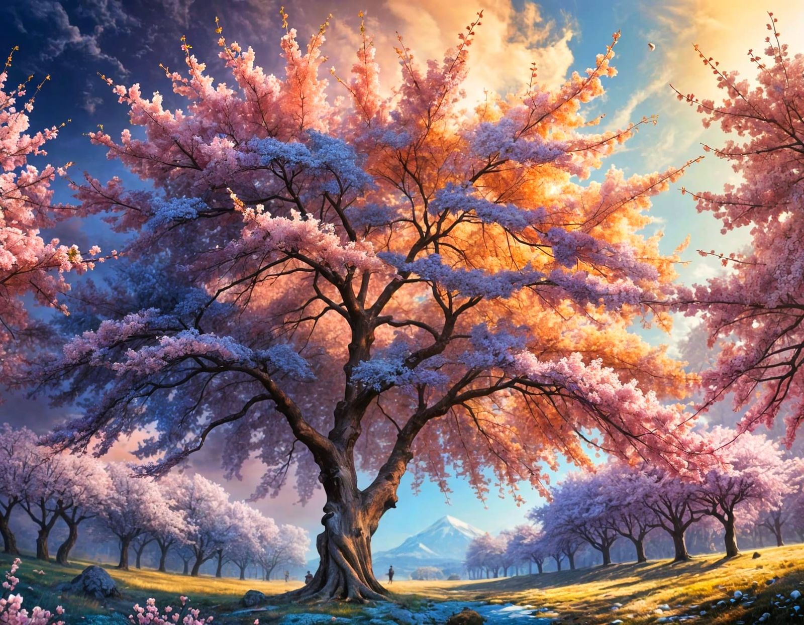 Vibrant Cherry Tree Blooms in High Contrast Surreal Landscap...