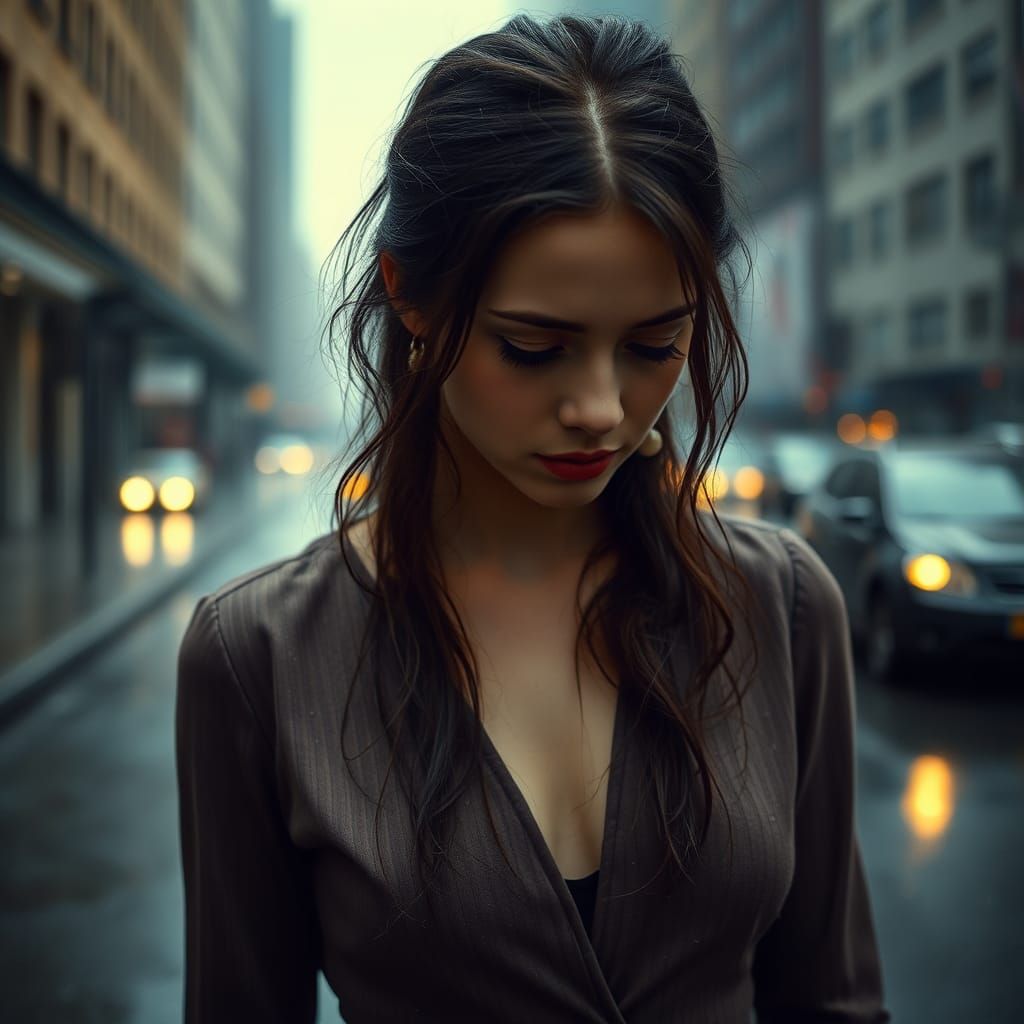 Melancholic Woman in Rainy Cityscape