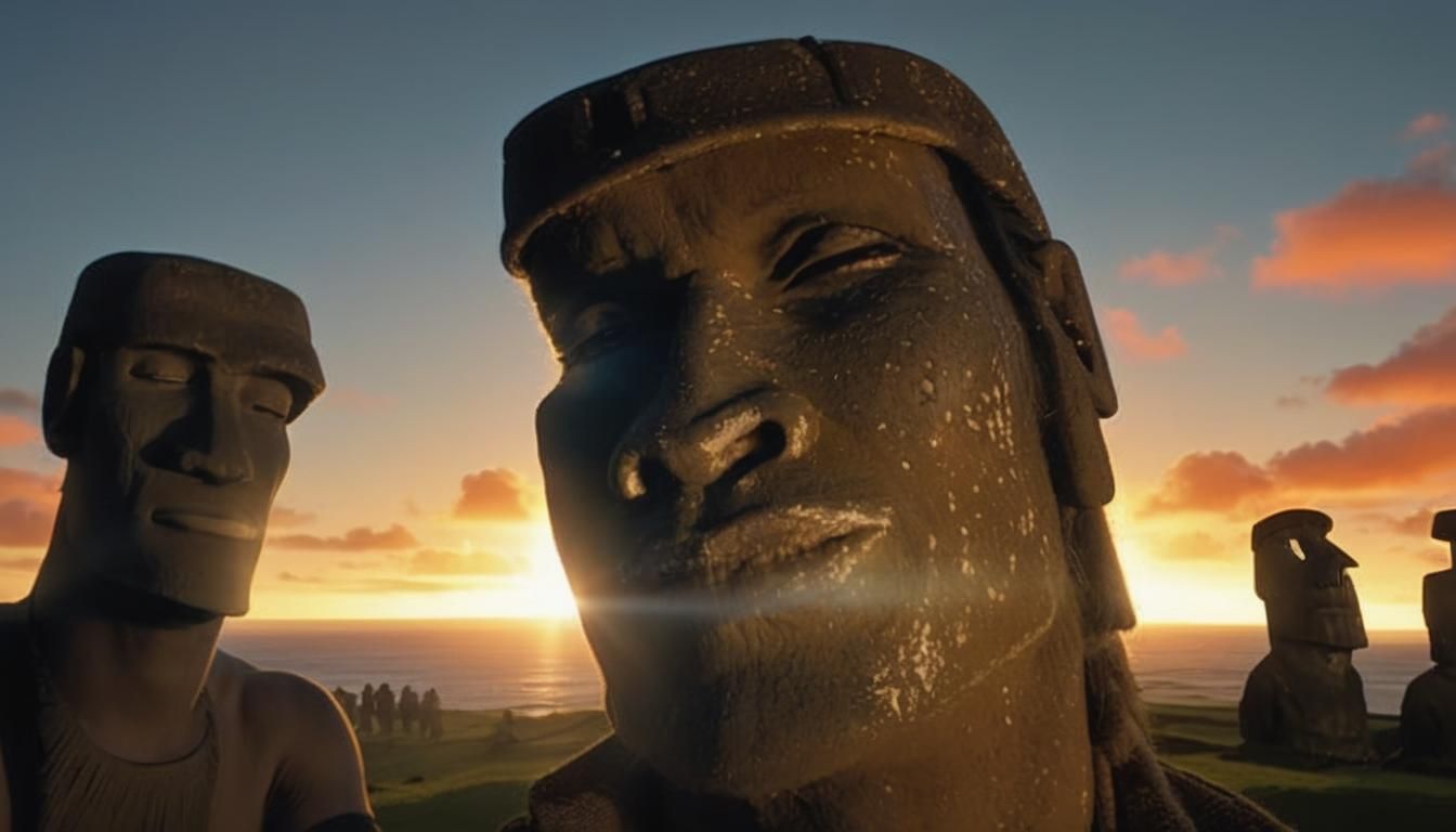Man in Aerobics Suit on Easter Island at Sunset
