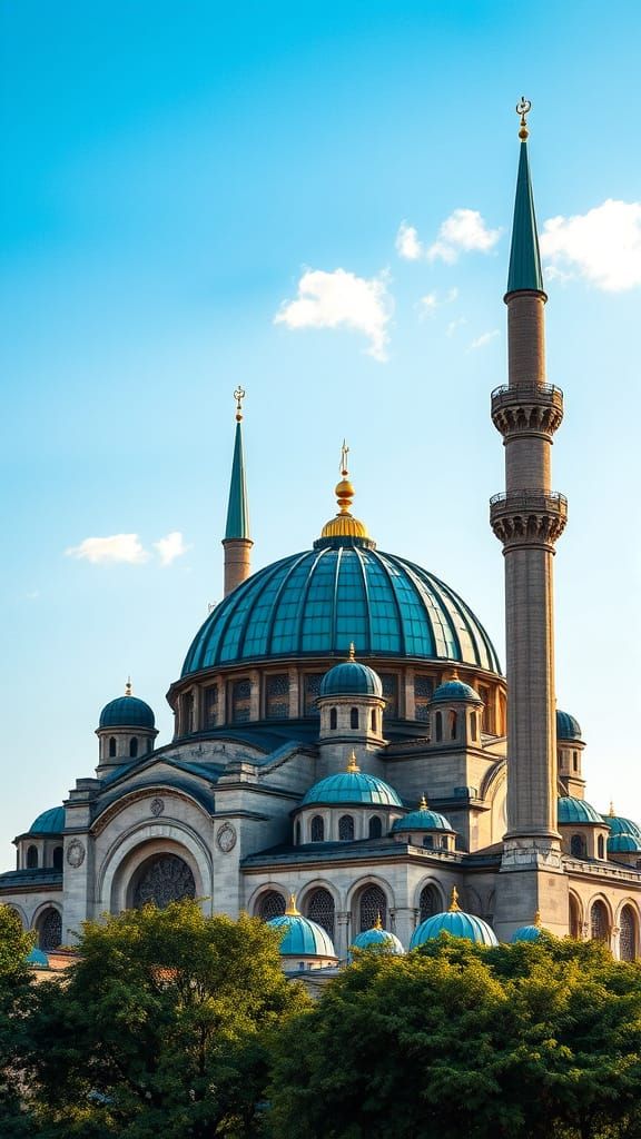 Grand Historic Mosque with Green Domes and Minarets
