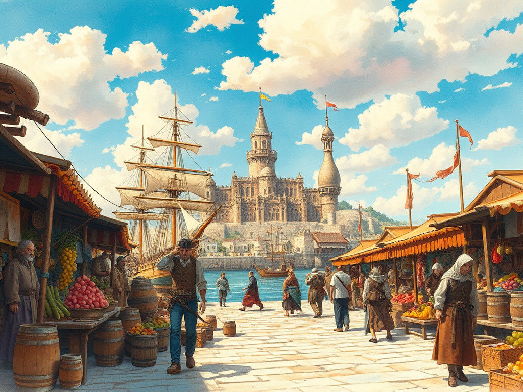 Medieval Harbor Marketplace in Watercolor Manga Style