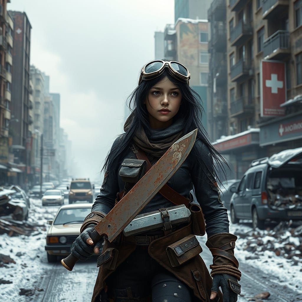 Post-Apocalyptic Warrior Stands Vigilant Amidst Ruins