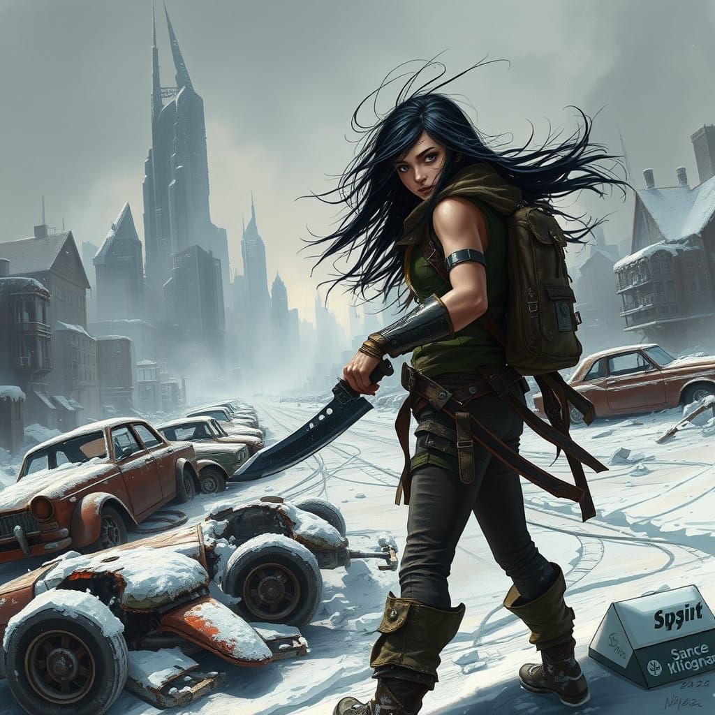 Post-Apocalyptic Warrior Girl Stands Vigil in Nuclear Wastel...