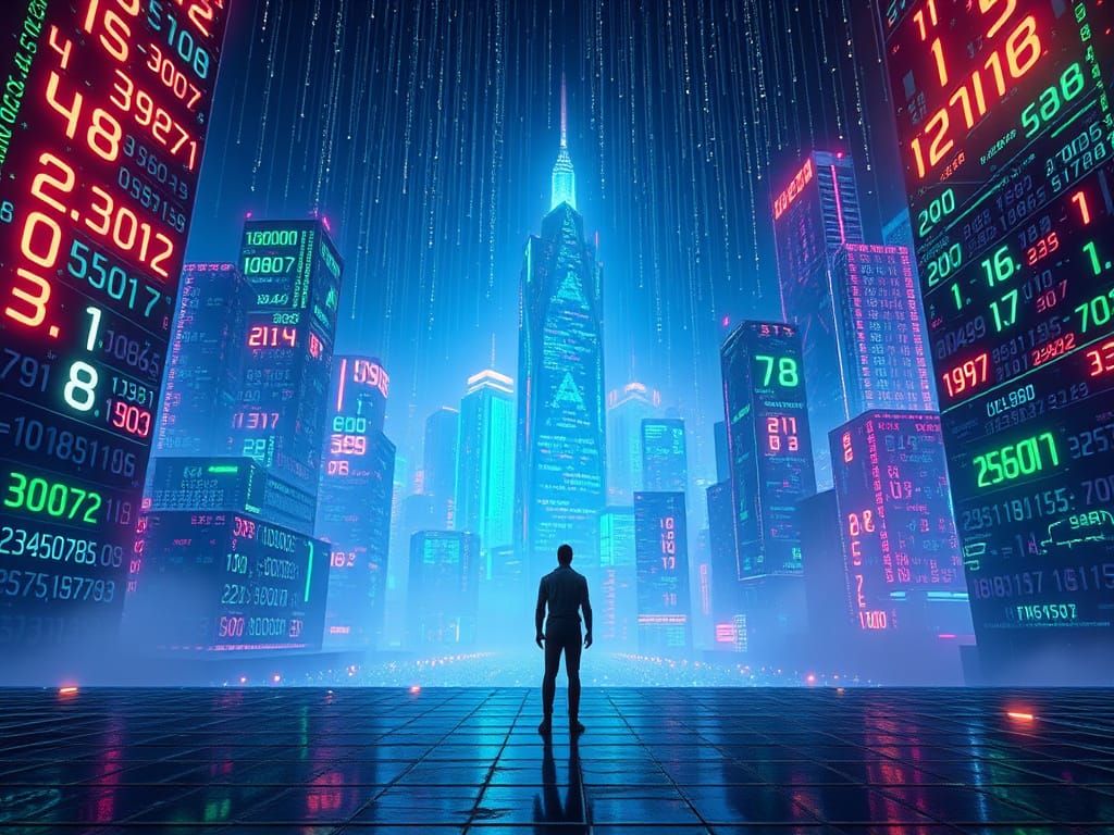 Surreal Cyberpunk Metropolis Constructed from Glowing Number...