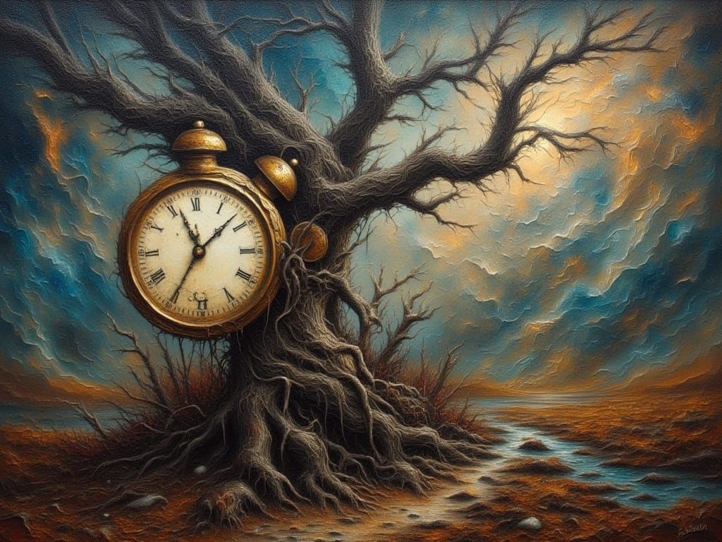 Surrealist Melting Clock on Cosmic Tree Branch