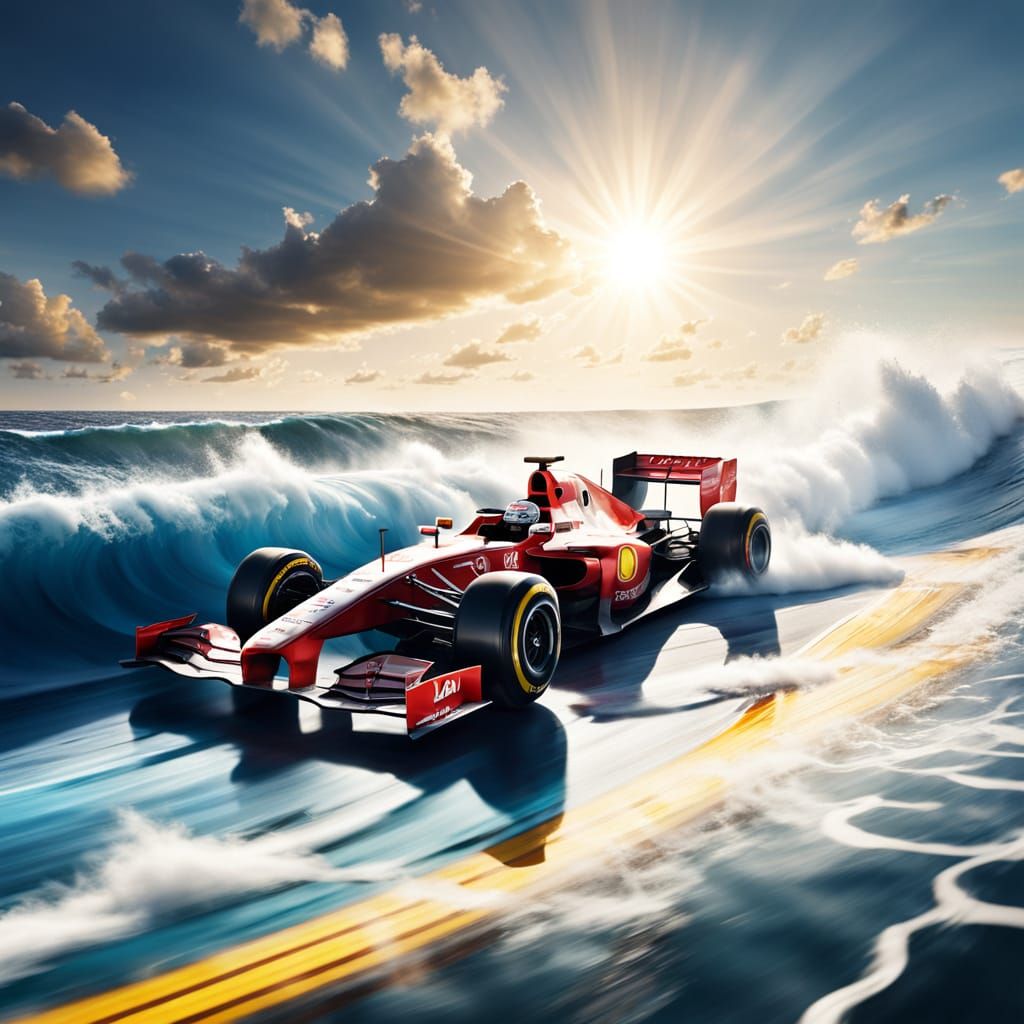 Formula 1 Car Surfing a Dramatic Ocean Wave