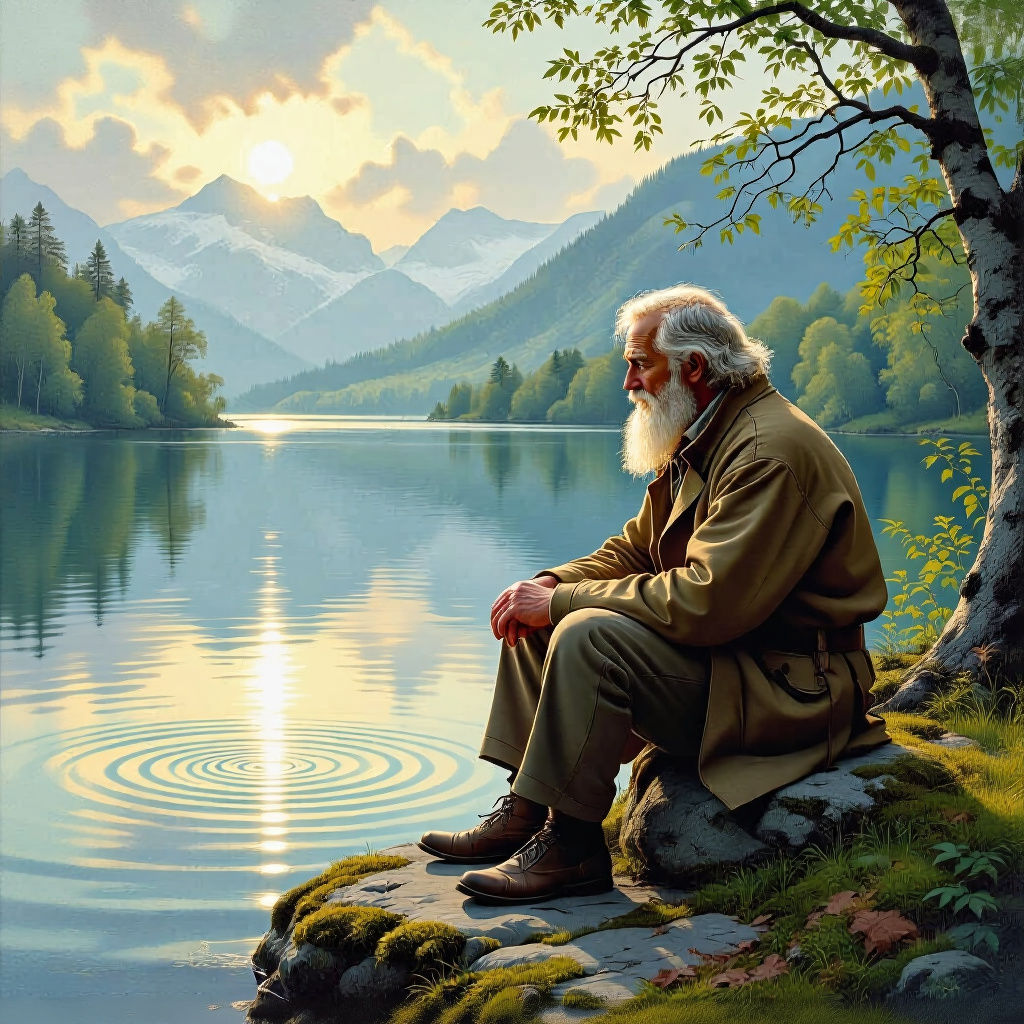 Old Man Reflects on Life by Peaceful Lake