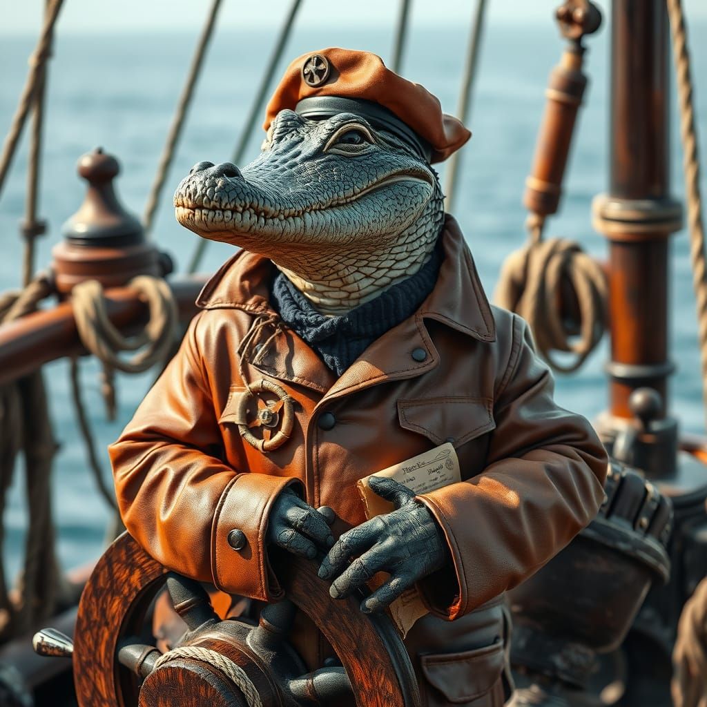 Crocodile Captain at Ship's Helm, Vivid Photo