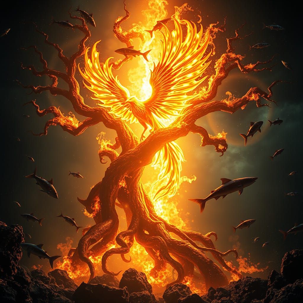 Majestic Phoenix Emerges from Burning Tree Rooted in Ocean F...