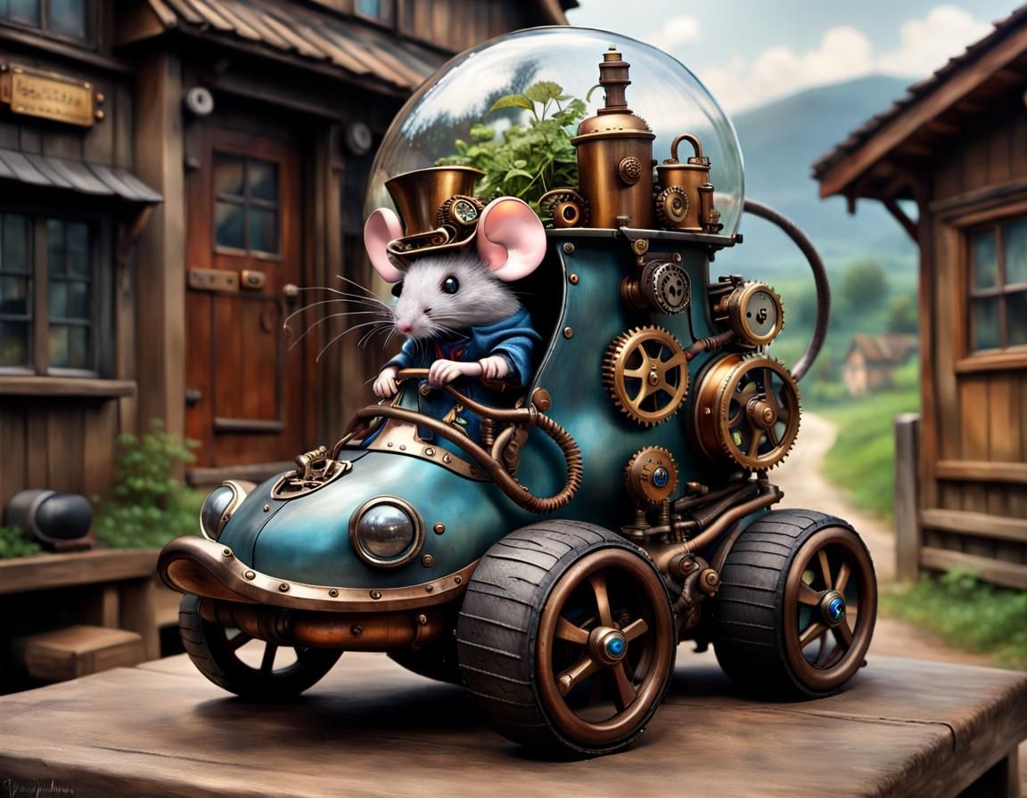 Steampunk Mouse Driving Boot Vehicle on Village Road