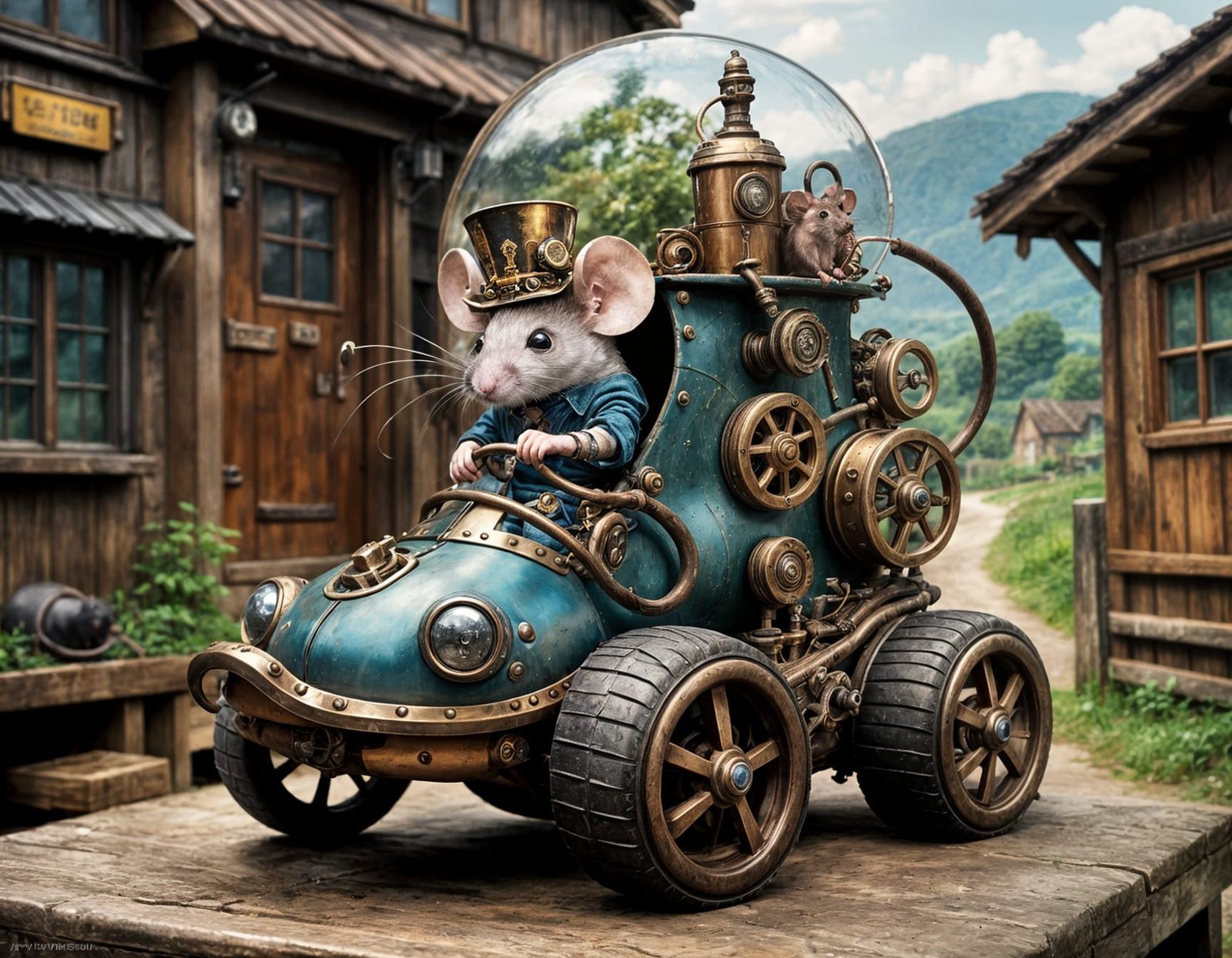 Steampunk Mouse Driving Boot Vehicle on Village Road