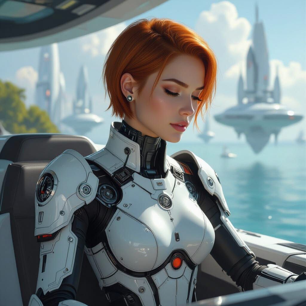 Cyborg Woman Piloting Yacht in Futuristic Cityscape