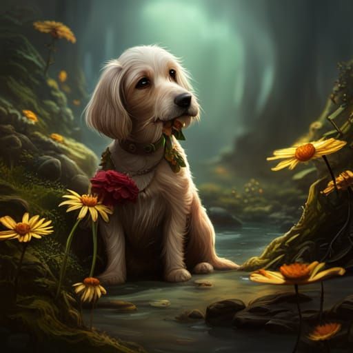 Sad Dog with Flower: Detailed Matte Painting