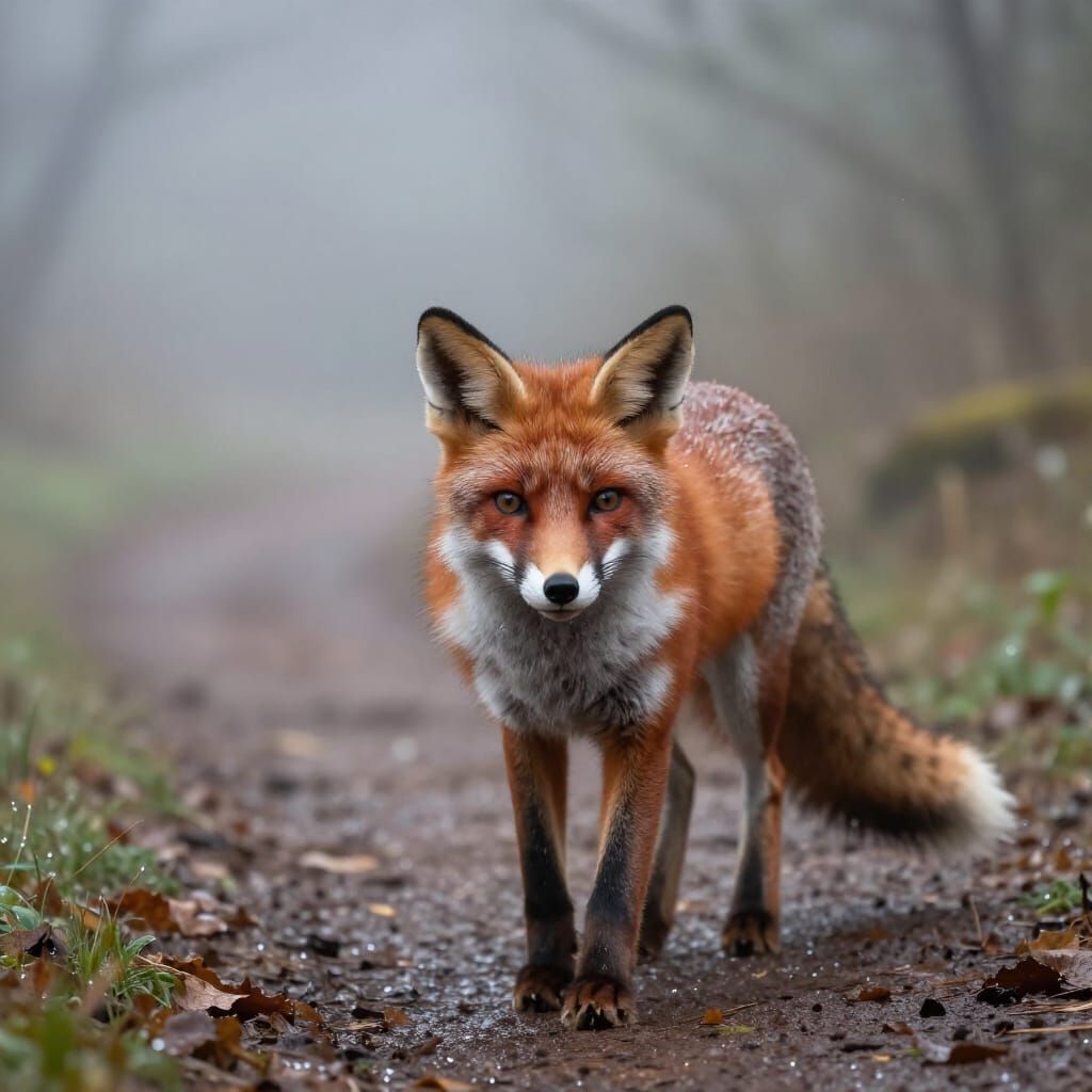 Hyper Realistic Fox on Foggy Forest Path