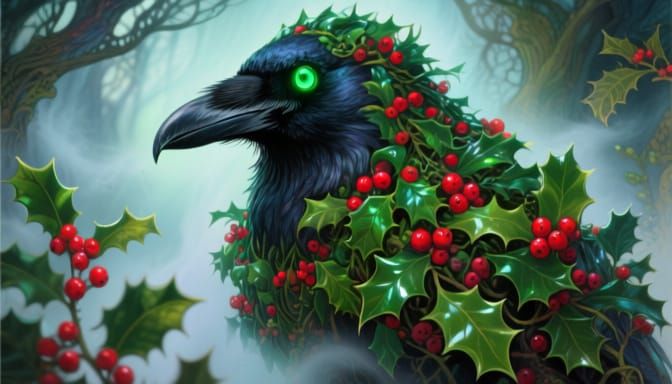 Magical Holly Raven with Glowing Emerald Eyes