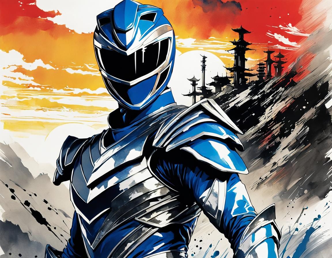 Wounded Power Ranger Silhouette in Japanese Ink Style