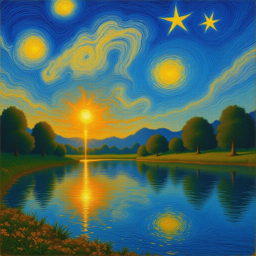 Dreamlike Twilight Pond Scene in Impressionist Style