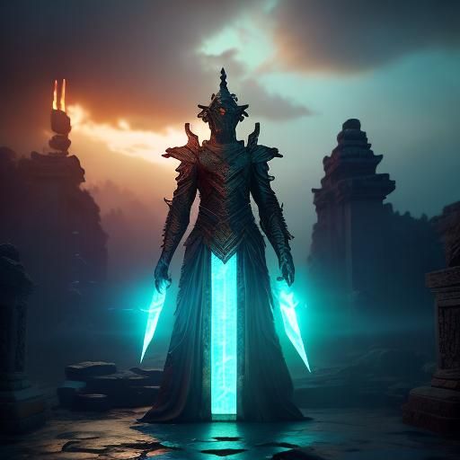 Fantasy Warrior in Glowing Ancient Temple