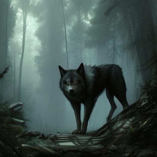Wolf Monster in Dark Forest, Fantasy Art