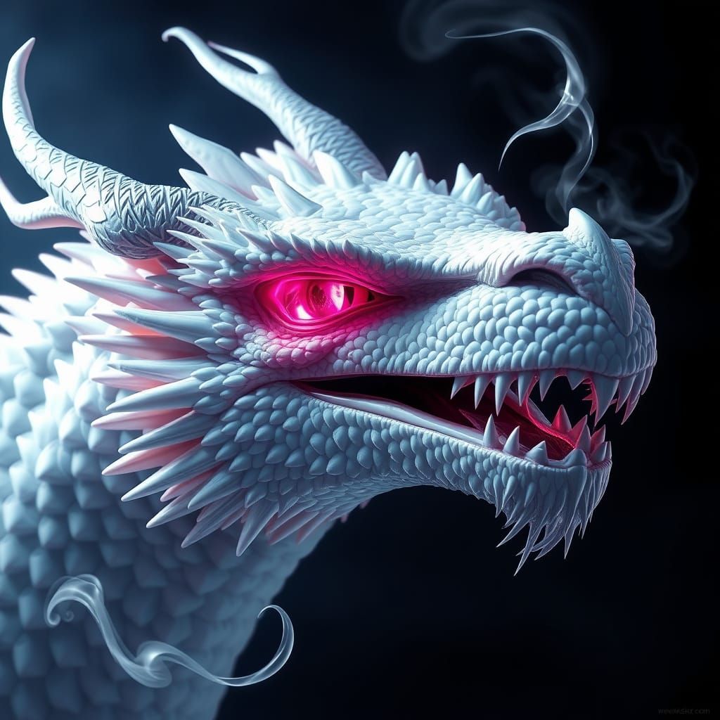 Majestic White Dragon Head with Pink Eyes in Epic Fantasy St...