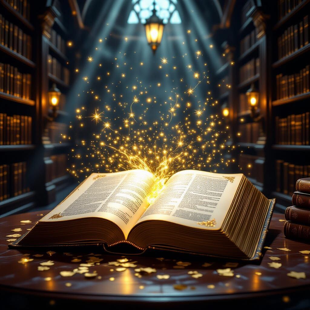 Enchanted Open Book in Luminous Library with Magic Particles