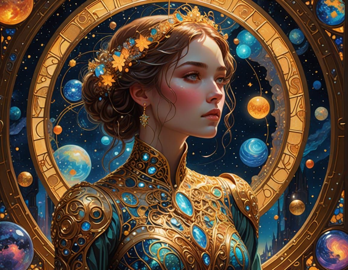 Ethereal Fantasy Woman Contemplates Celestial Wonders in Vib...