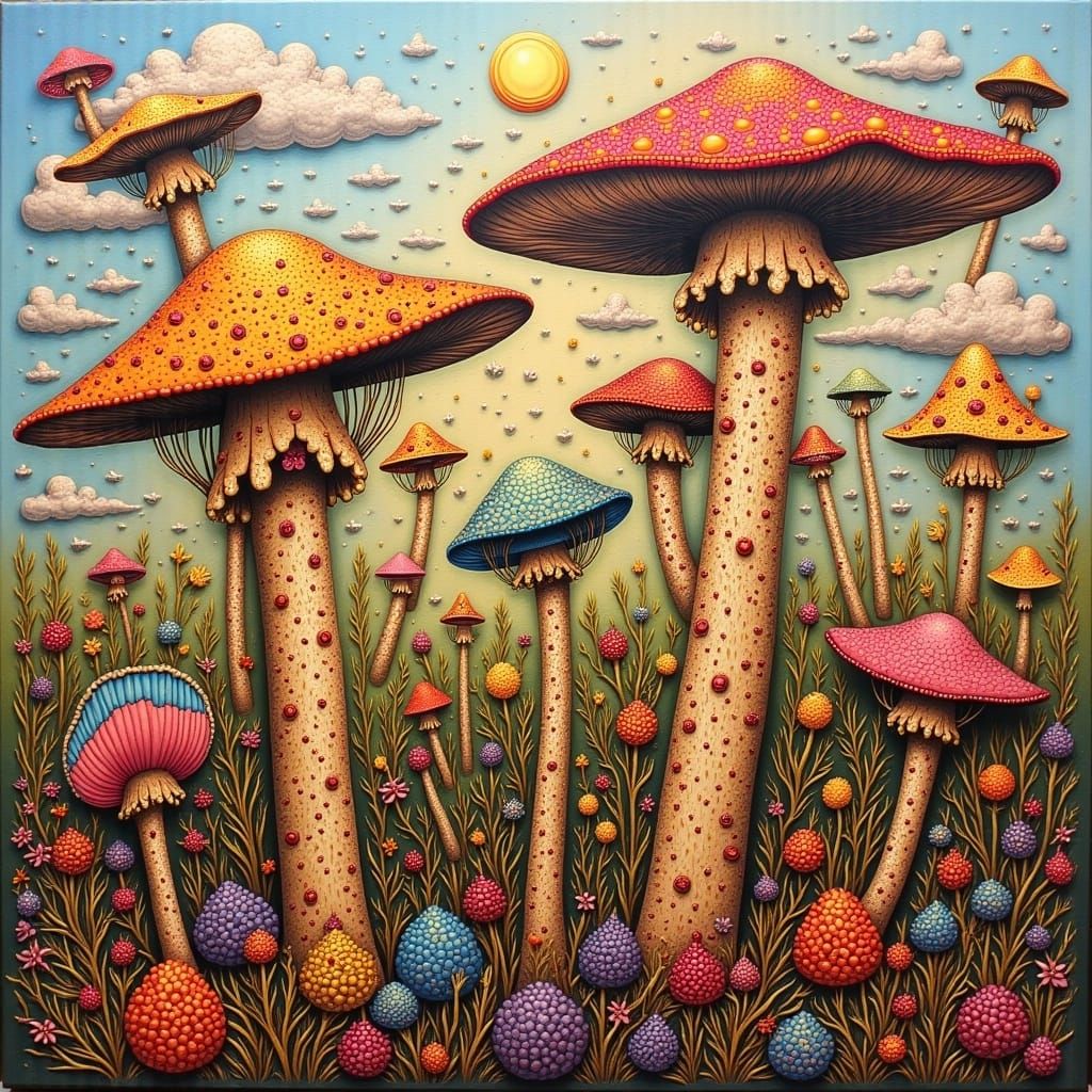 Glowing Bioluminescent Mushrooms in Dark Forest