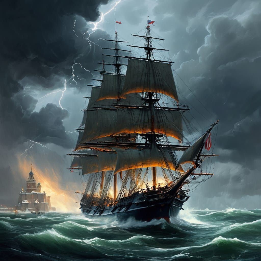 1850 Russian Frigate Battles Storm Near Kronstadt Fortress