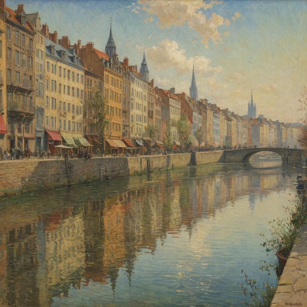 City Skyline Reflection: Hyperdetailed Oil Painting