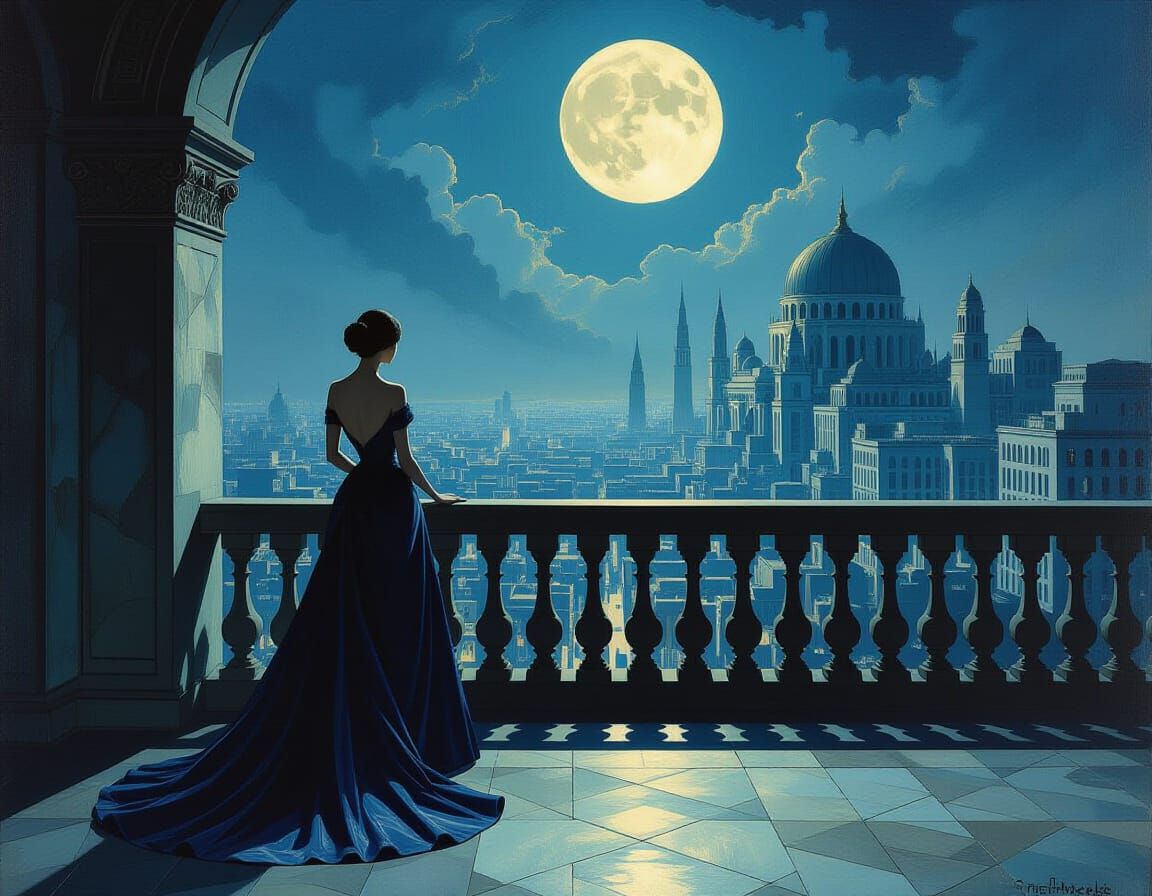 Woman in Impasto Gown on Art Deco Balcony