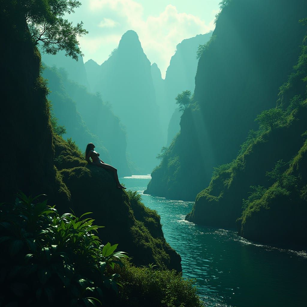 Surreal Tropical Landscape with Integrated Woman's Silhouett...