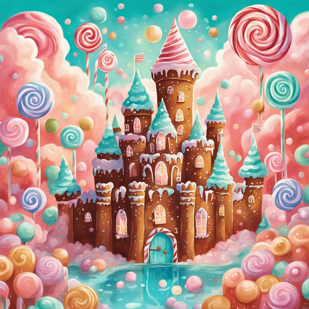 Candy Kingdom with Gingerbread Castle and Lollipop Clouds