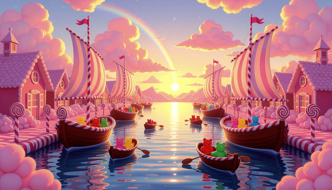 Candy Land Harbor at Sunset: Dreamy Surrealism
