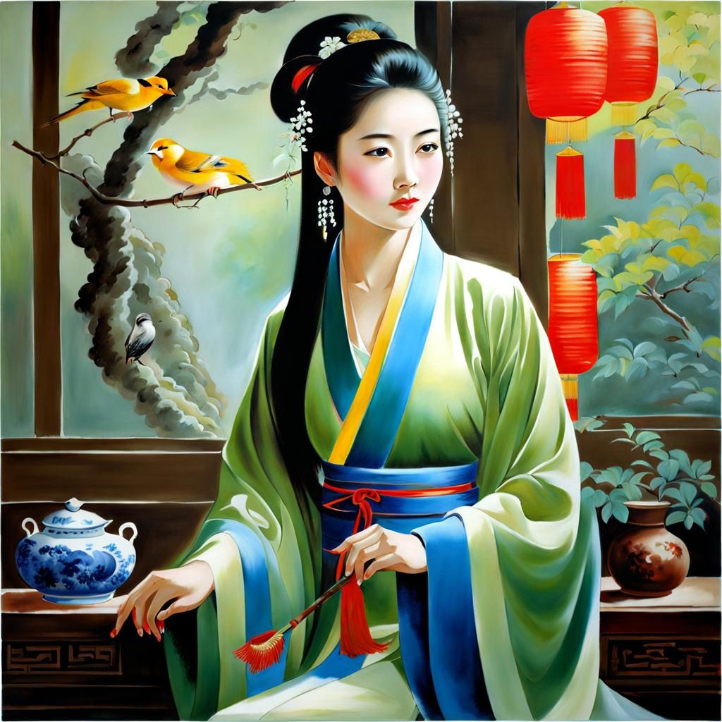 Elegant Chinese Woman in Traditional Painting Style