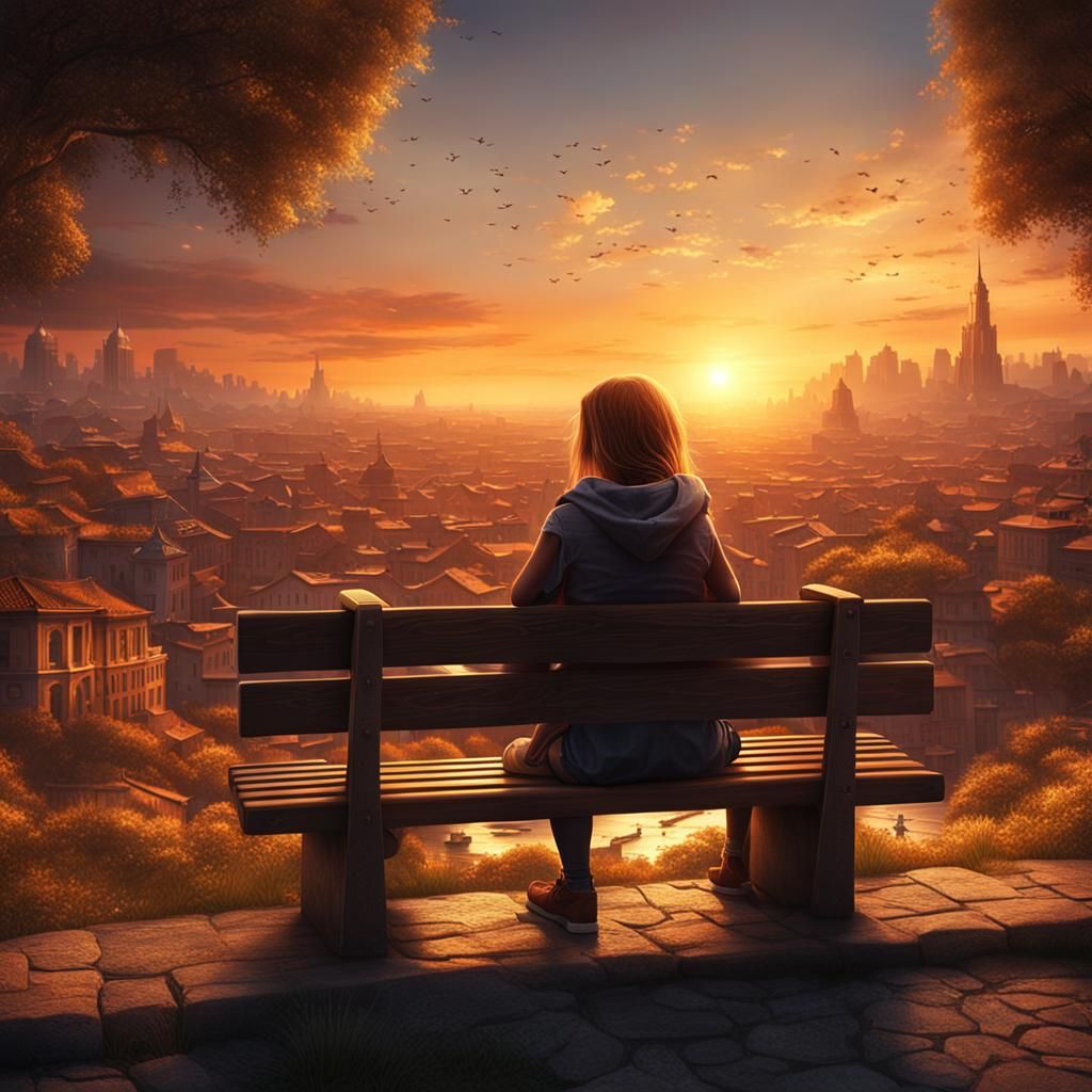 Girl on Bench at Sunset: Digital Matte Painting