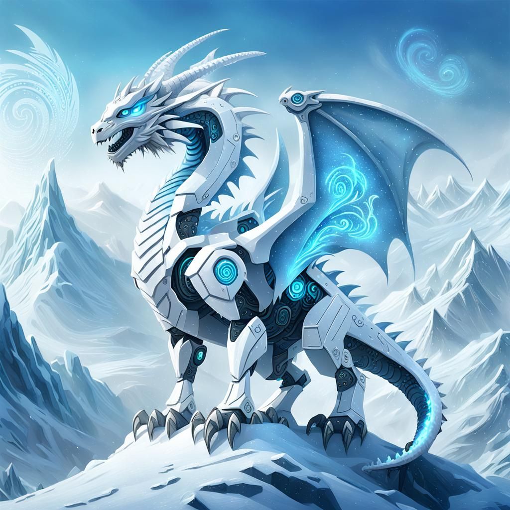 Robot Dragon in Frosty Mountain Scene, Digital Painting, Det...