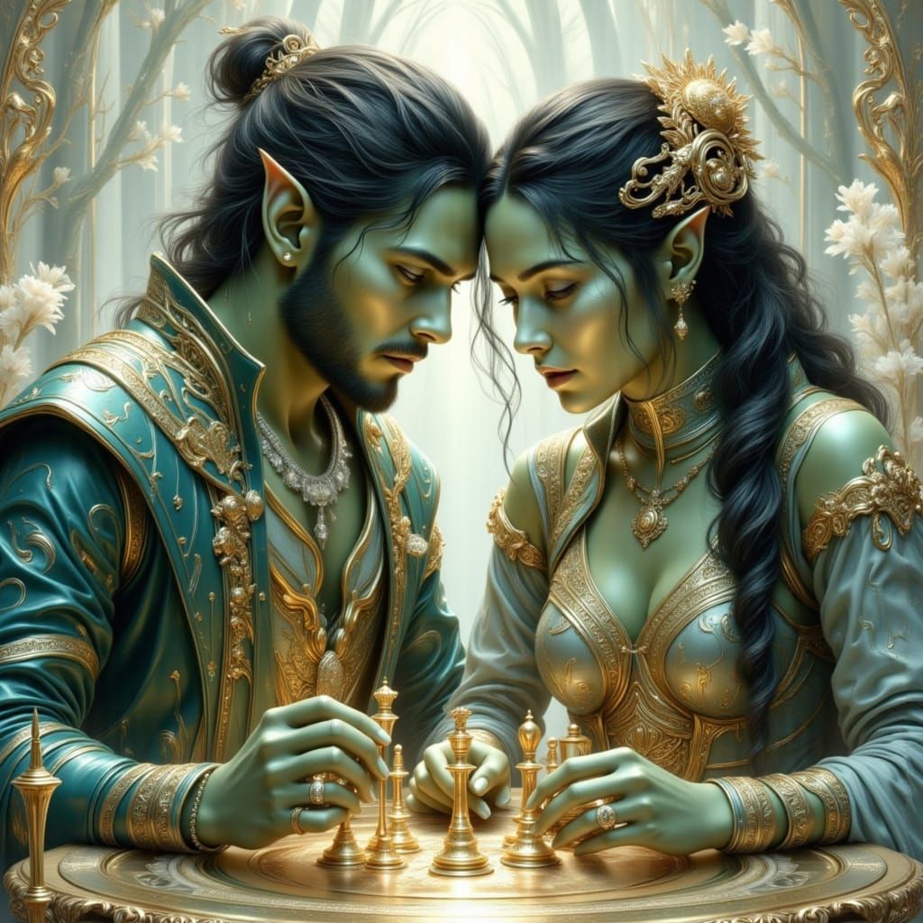 Orcs Playing Chess in Watercolor Style