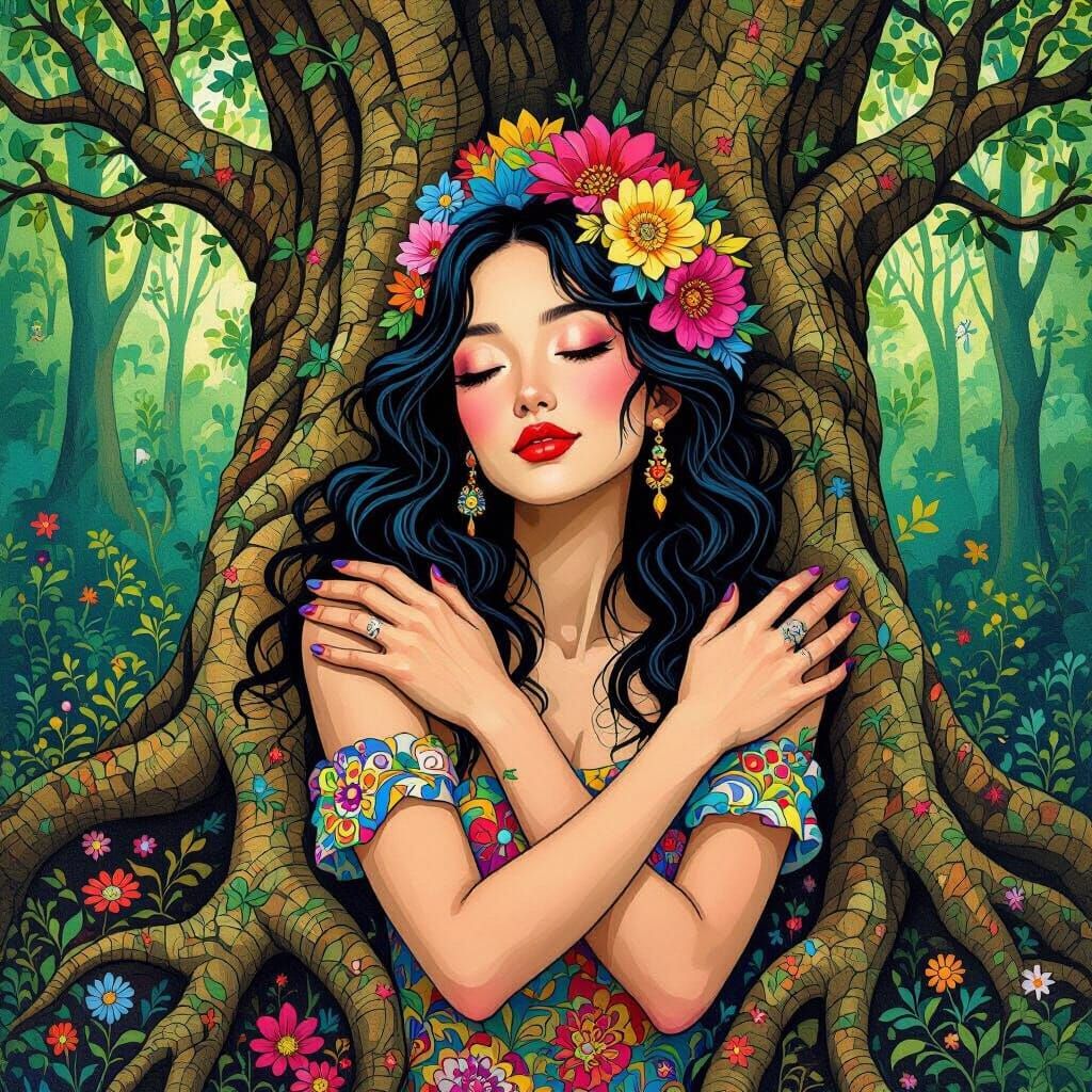 Woman Embracing Tree Roots in Whimsical Forest