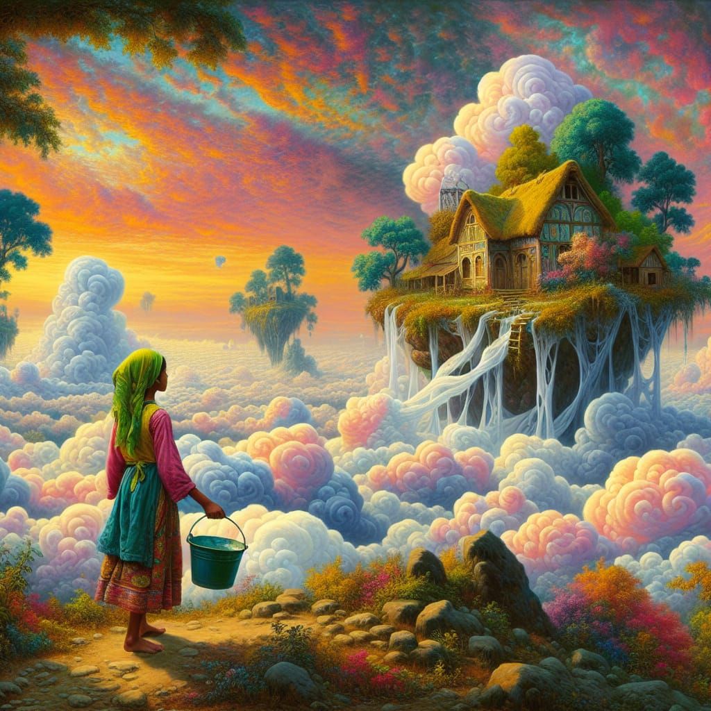 Cloud Snakes on Floating Island in Academic Art Style