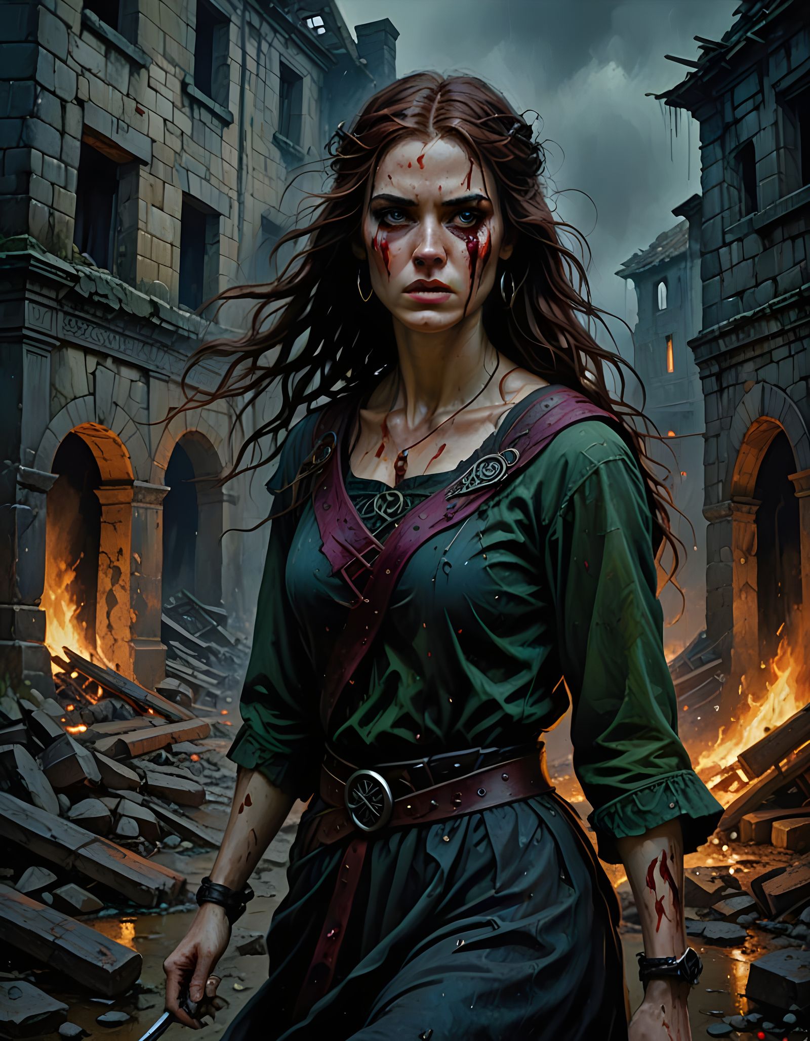 Anguished Celtic Warrior Queen in a Ruined Ancient Briton Vi...