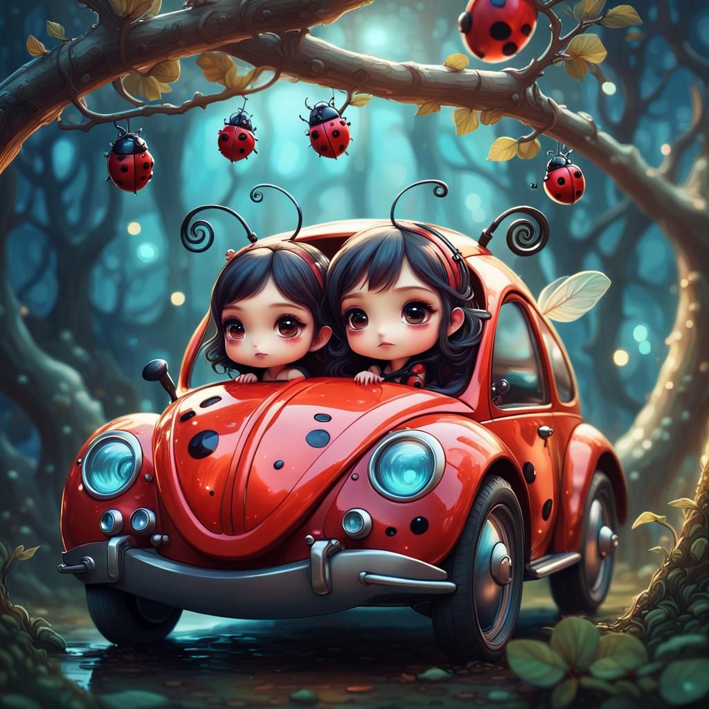 Chibi Creatures in Ladybug Car: Surreal Dreamscape