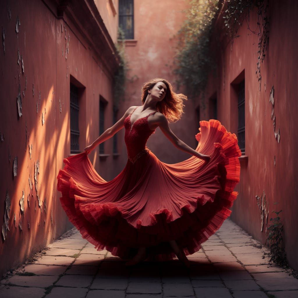 Passionate Spanish Dancer in Flaming Red Gown