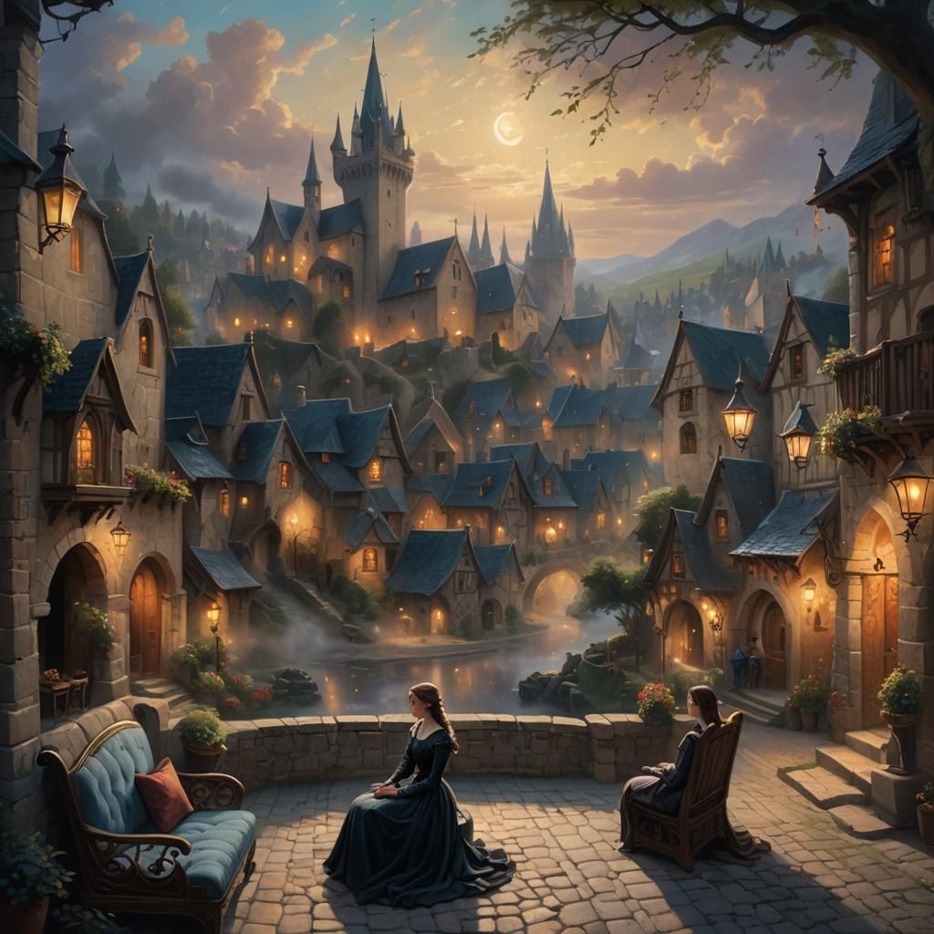 Woman in Medieval Village with Victorian Scenery