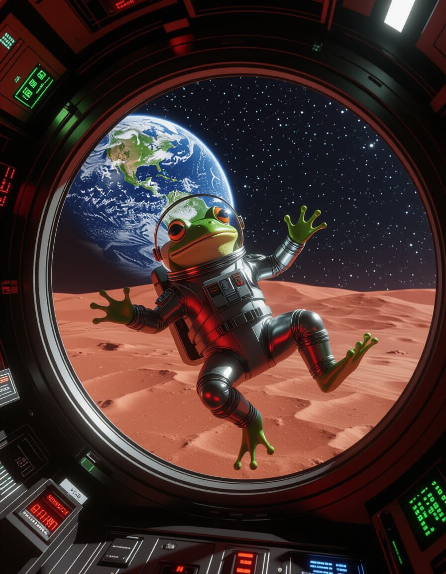 Astonished Frog Astronaut on Mars in Retro Sci-Fi