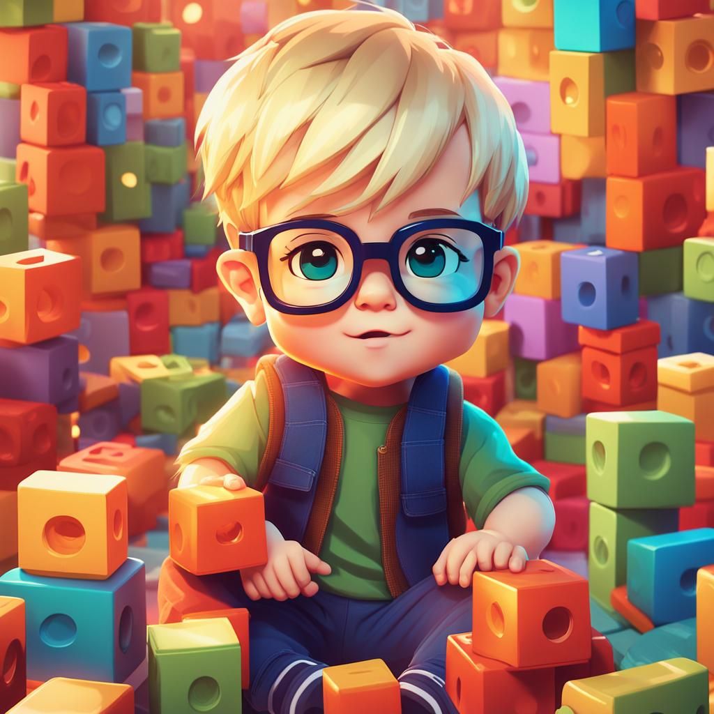 Chibi Blond Boy with Glasses Plays with Blocks