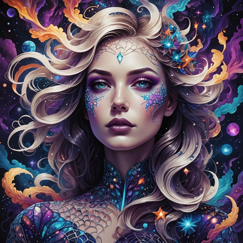 Neon Celestial Woman in Surrealist Portrait