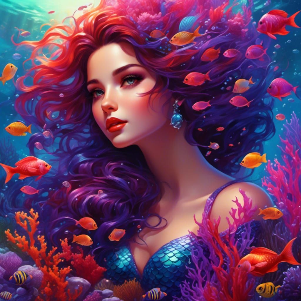 Brunette Mermaid in Colorful Coral Reef
