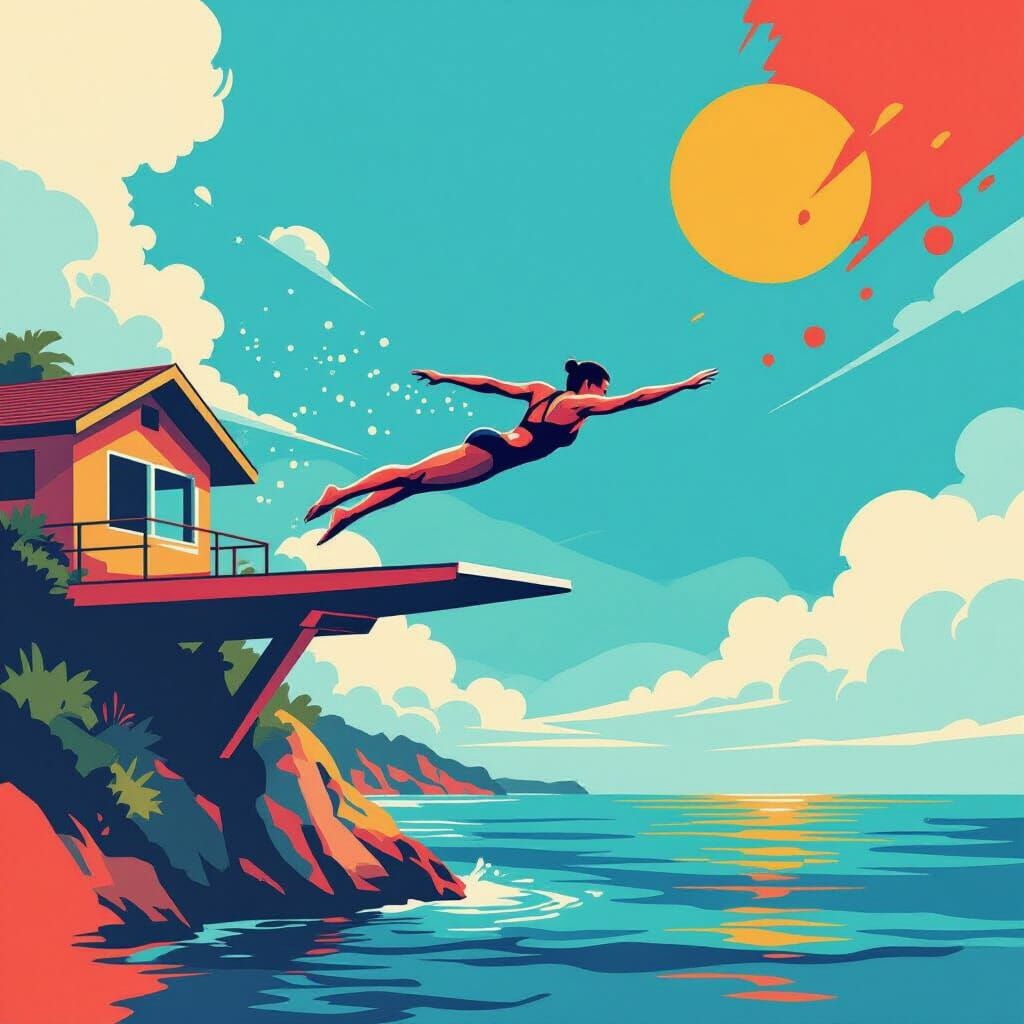 Swimmer Mid-Dive in Abstract Bauhaus Style